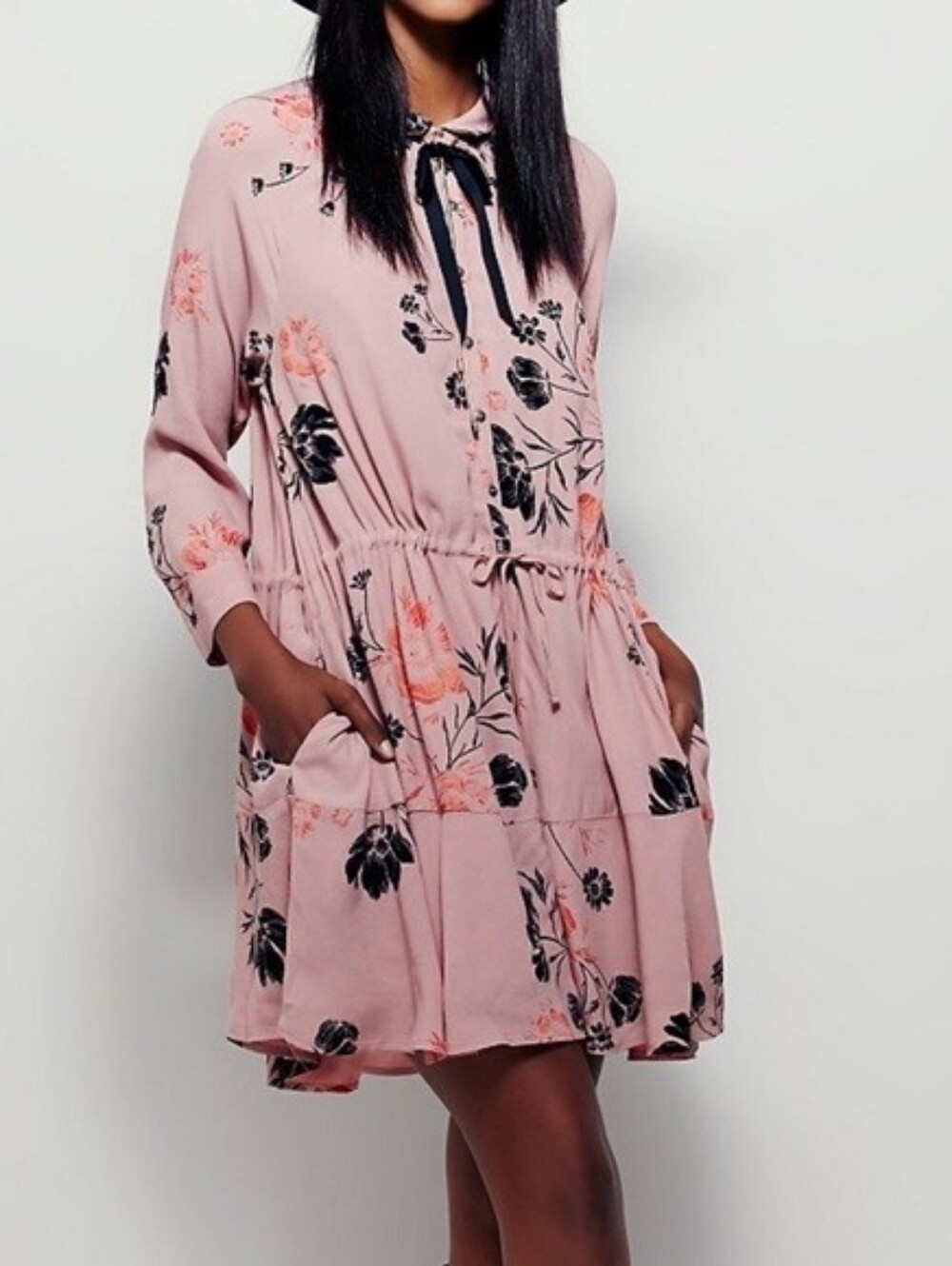 Free People Lena mini tunic dress pink black floral long sleeves women's small S